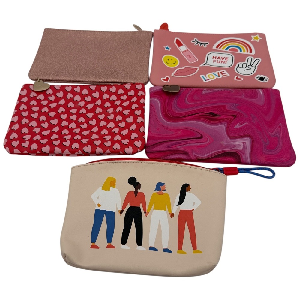 IPSY Makeup Bags‎ Set 5 Cosmetic Pouches Glitter Heart Rainbow Marble